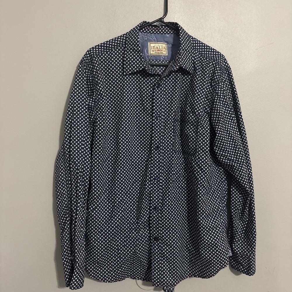 ITALIA Men's Navy Paisley Print Casual Button Down Collard Shirt Sz Large‎